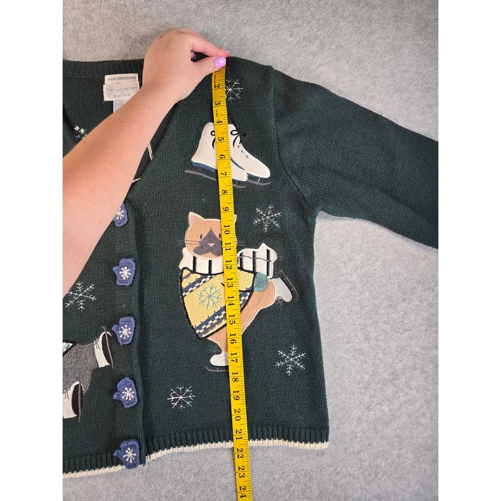 Vtg Christopher & Banks Green Ice Skating Cats Cardigan Sweater Embroidered M - Picture 11 of 13